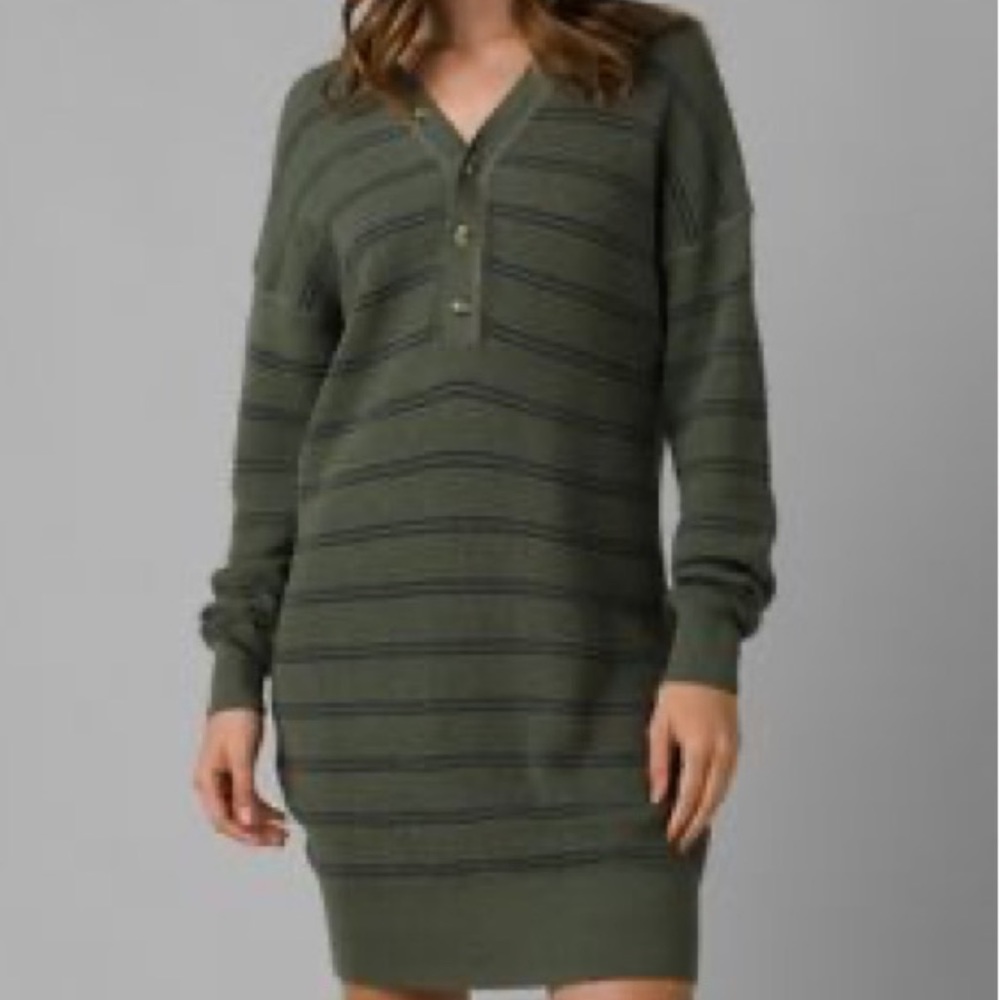 Prana Milani Henley organic cotton and wool Dress in kale stripe size XS